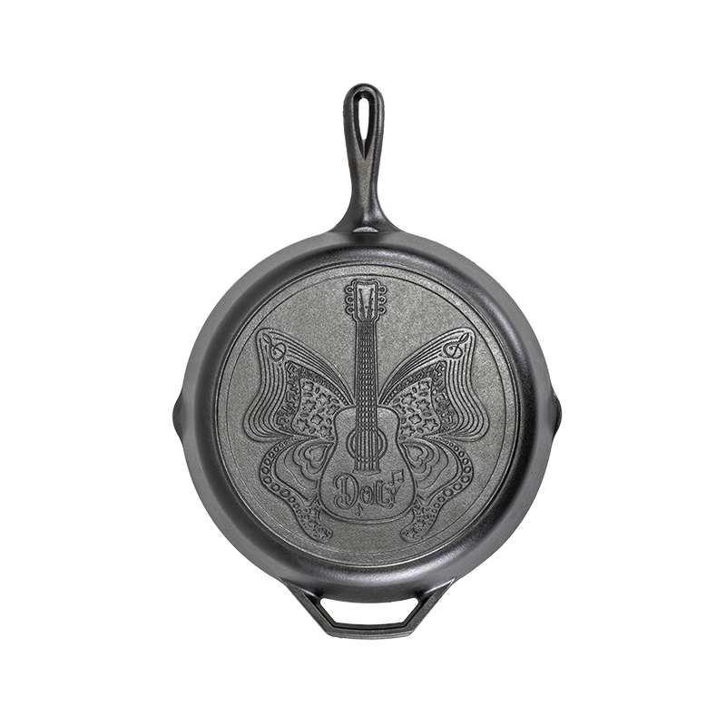 Cast iron skillet with butterfly and guitar design, durable cookware from the Lodge cast iron kitchenware collection.