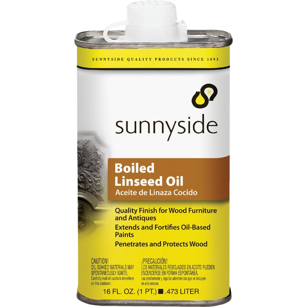 Metal container of boiled linseed oil with a yellow and white label for wood finishing and protection