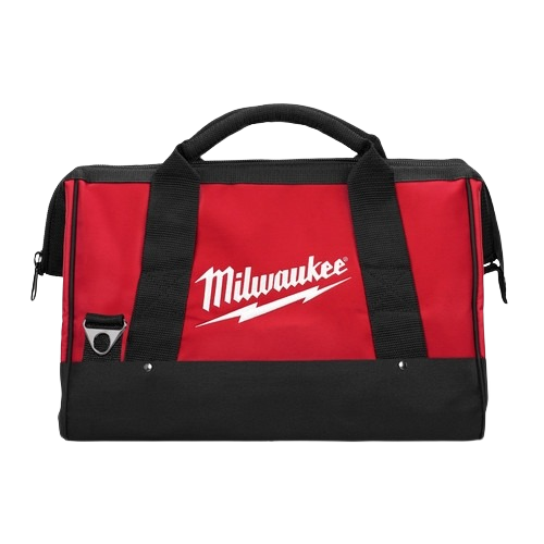 Red and black Milwaukee contractor bag with dual handles and durable fabric for tools and home improvement storage