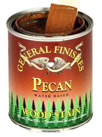 Open can of General Finishes pecan water-based wood stain with stain-coated applicator for wood finishing projects