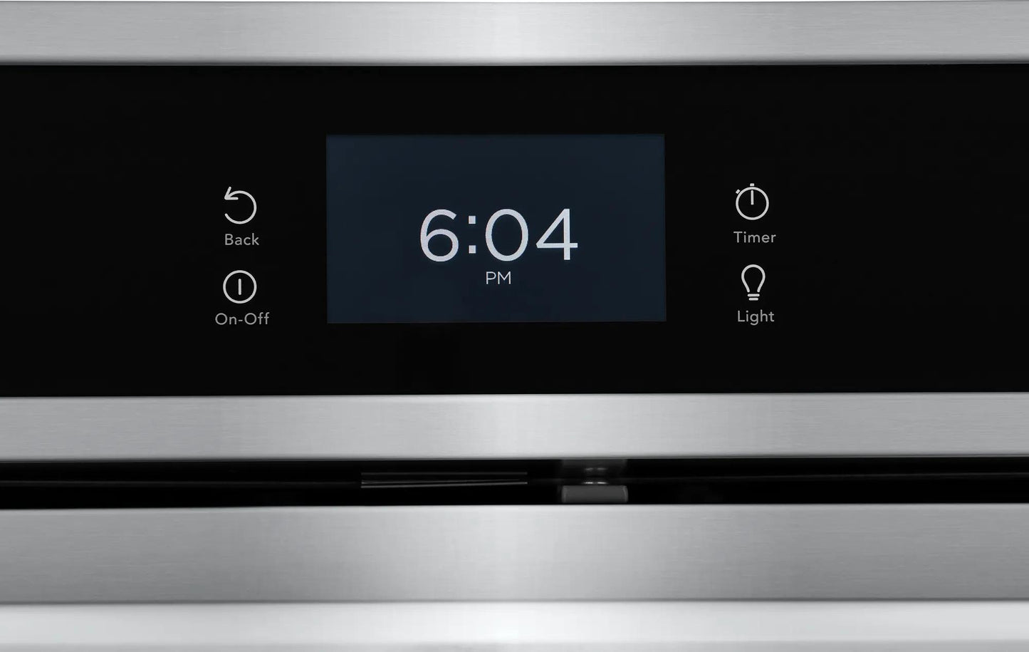 Close-up of stainless steel wall oven digital control panel showing time and function icons from Double Wall Ovens collection