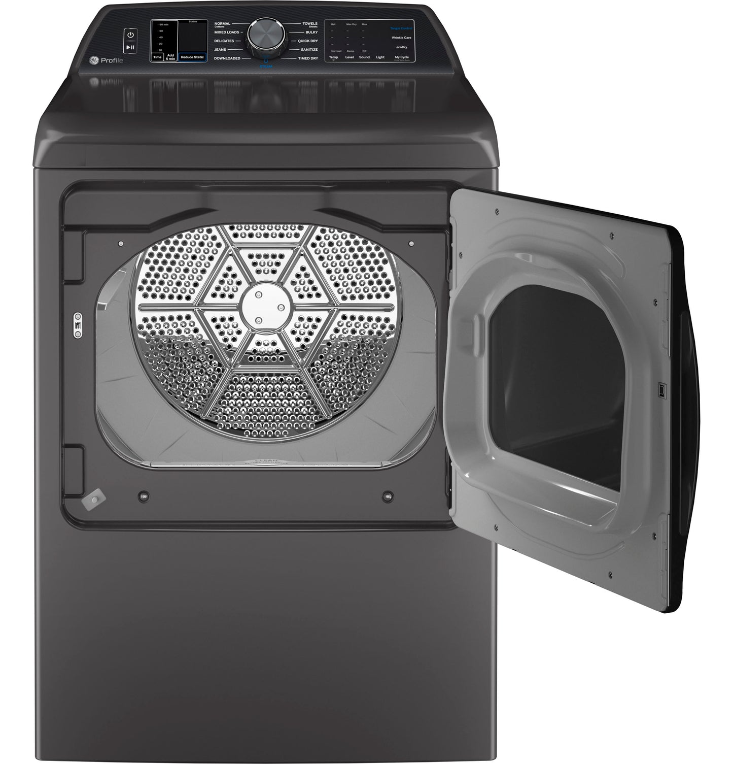Open door of black smart electric dryer featuring aluminized alloy drum and digital controls in appliances collection
