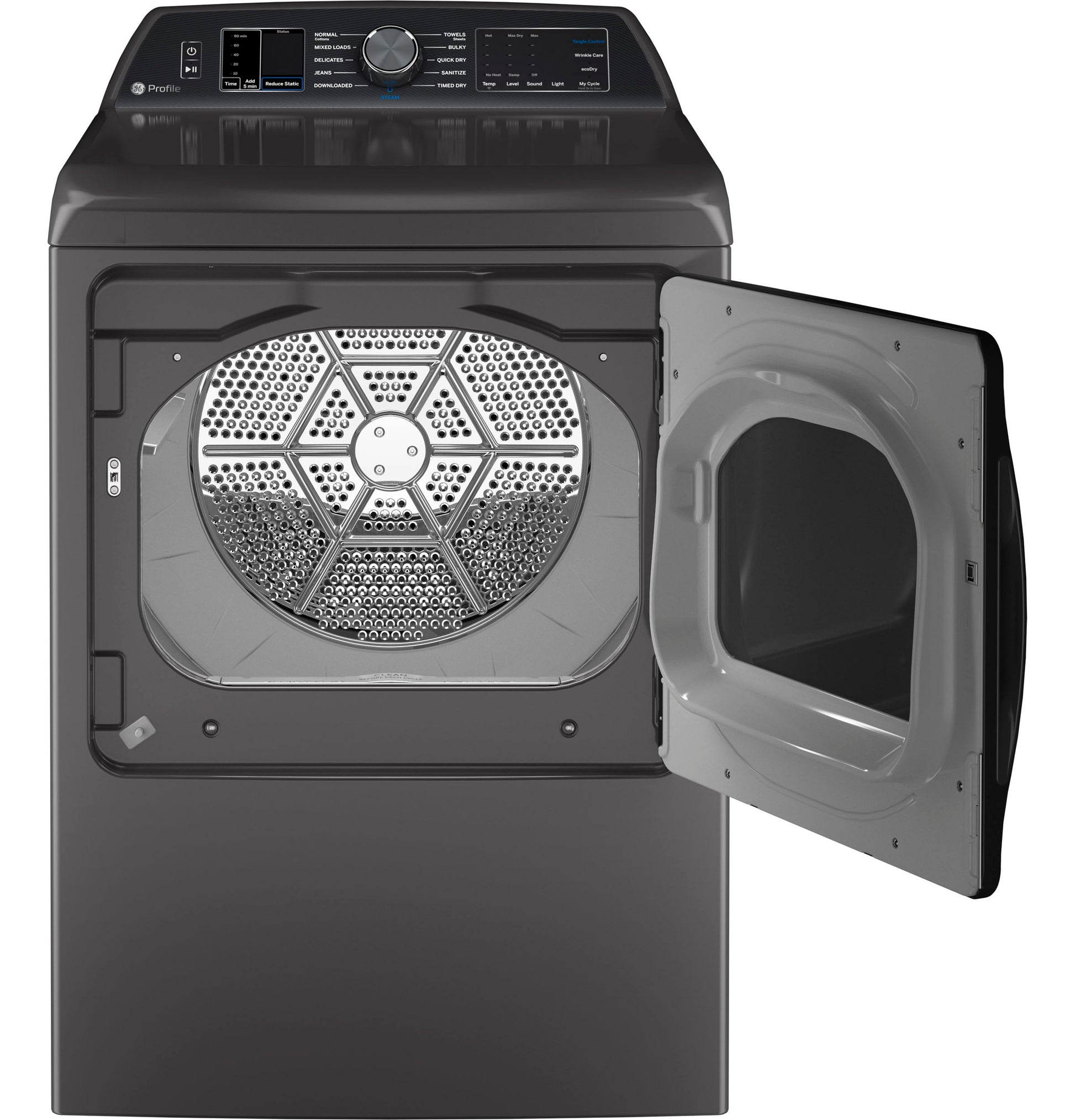 Open door of black smart electric dryer featuring aluminized alloy drum and digital controls in appliances collection