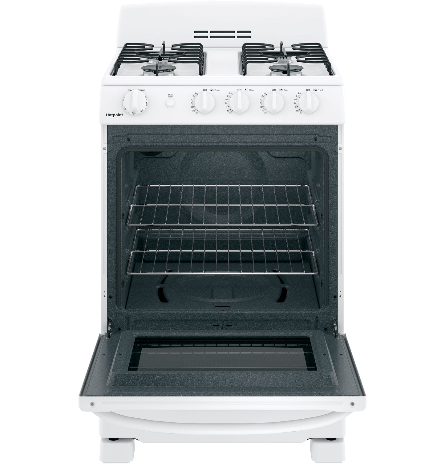 Open view of white front-control free-standing gas range with four burners and large oven window in kitchen collection