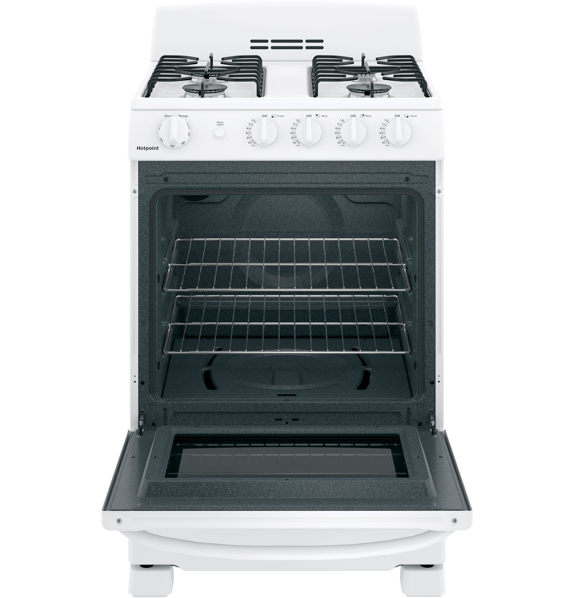 Open view of white front-control free-standing gas range with four burners and large oven window in kitchen collection