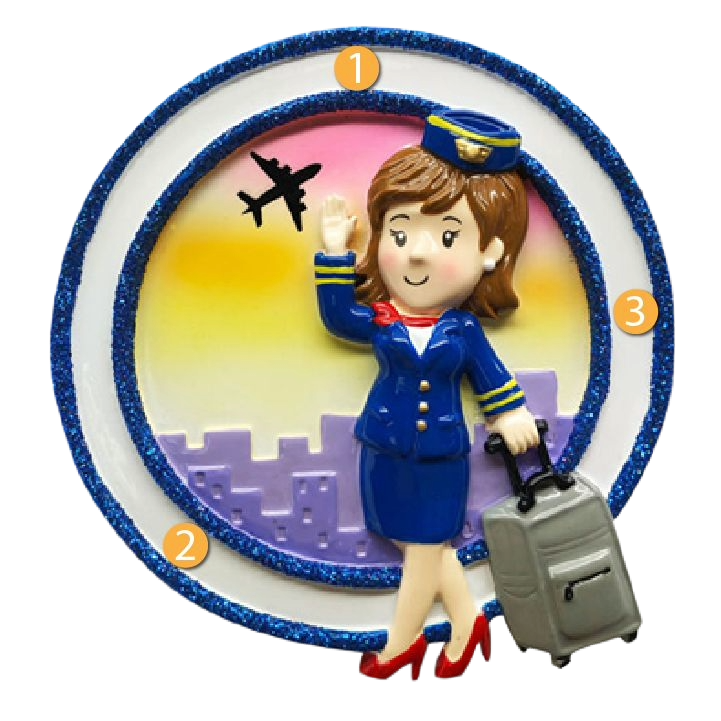 Female flight attendant ornament in blue uniform with rolling suitcase against sunset cityscape for holiday décor under 50 dollars