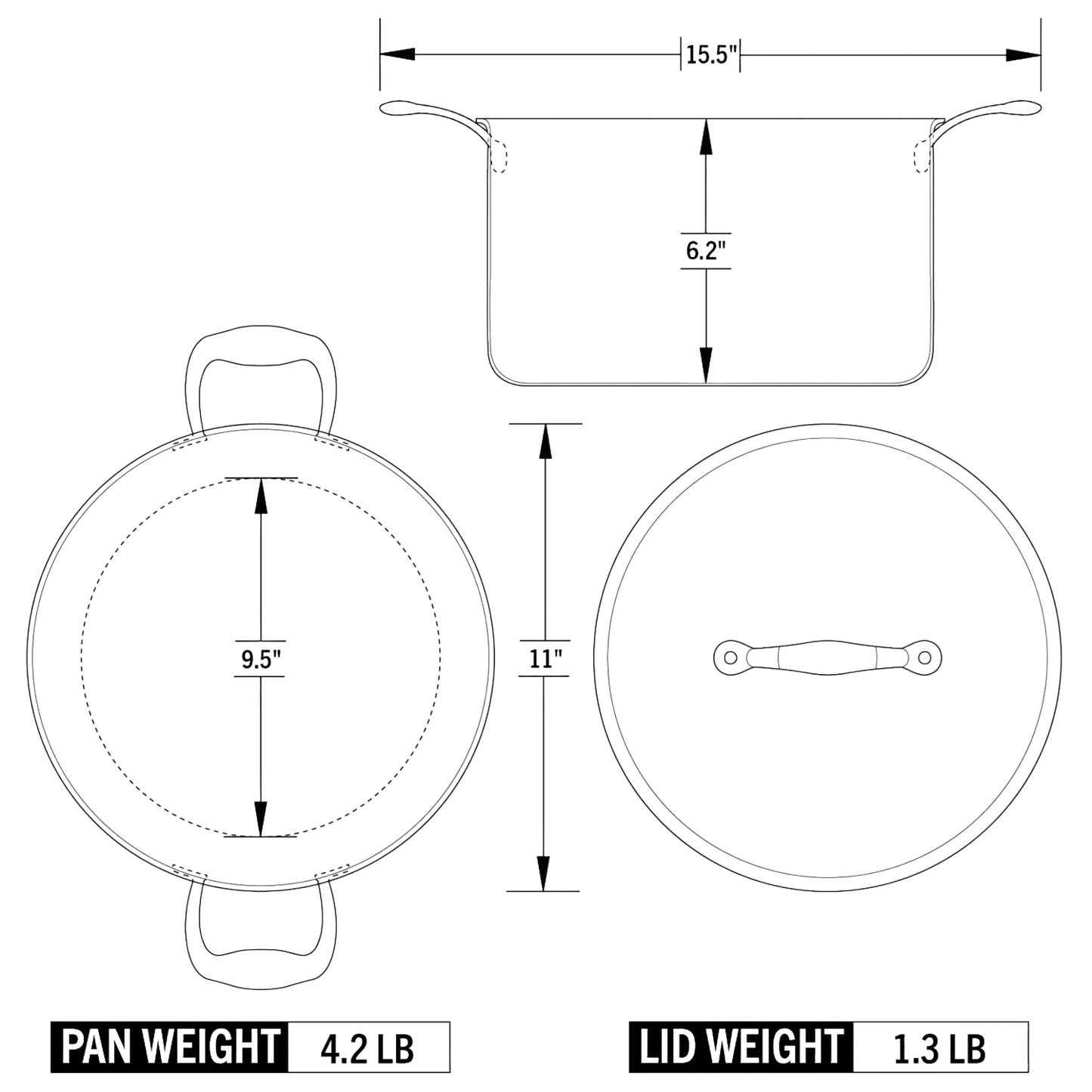 Technical drawing of an 8-quart stock pot with lid showing dimensions and weight details for Kitchen Gadgets collection.