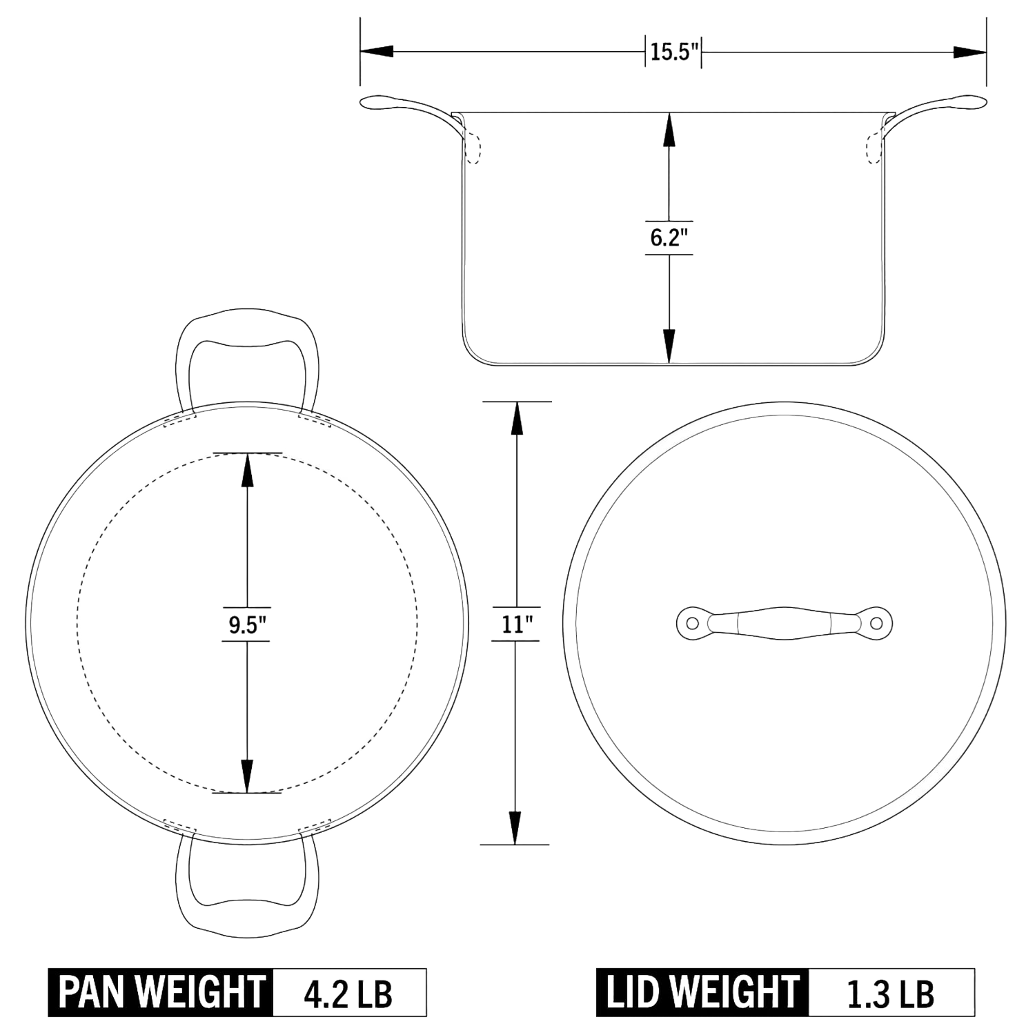 Technical drawing of an 8-quart stock pot with lid showing dimensions and weight details for Kitchen Gadgets collection.