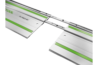 Silver and green Festool guide rail connectors joining two saw tracks for woodworking and power tool accessories