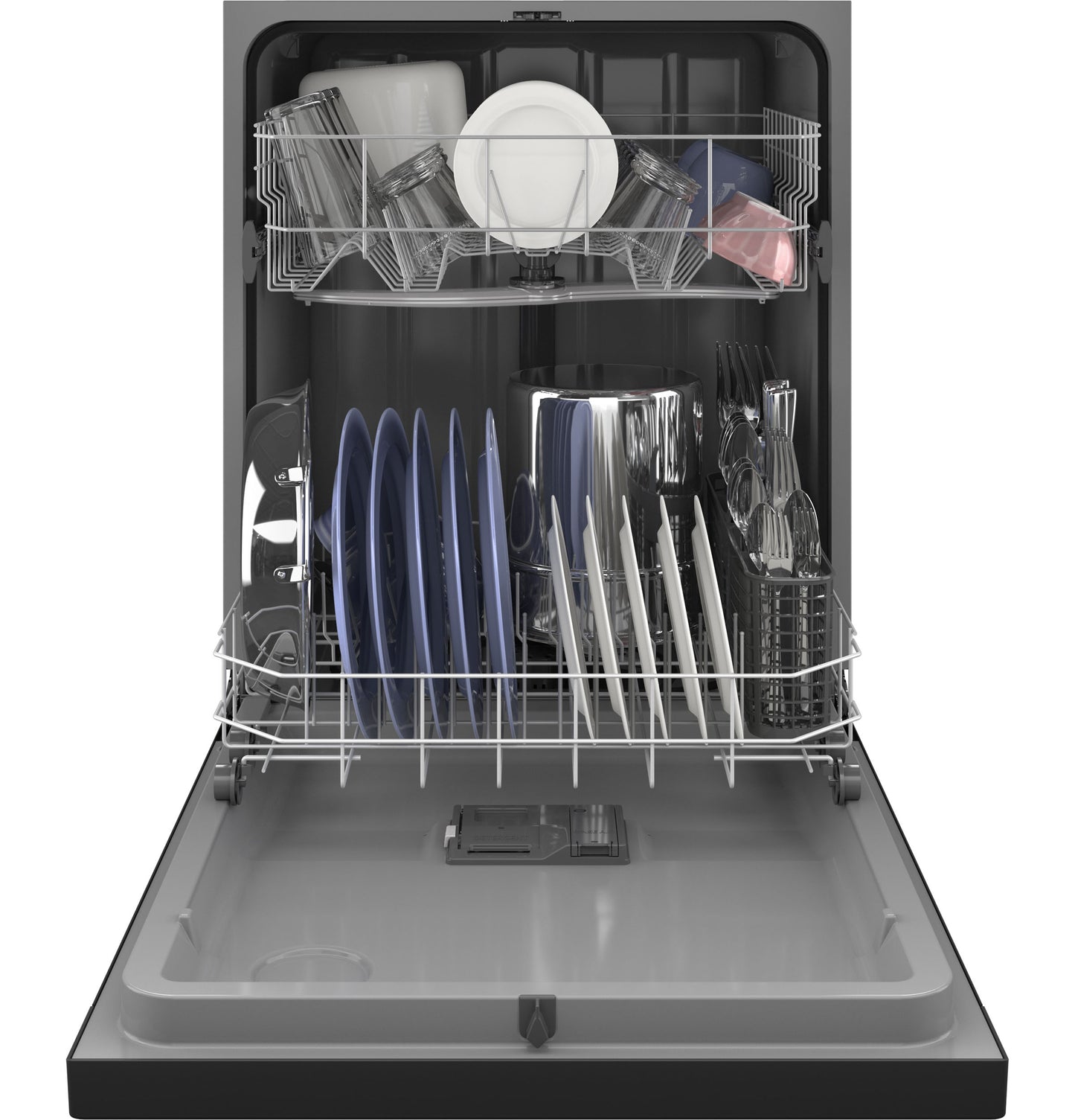 Open dishwasher loaded with plates, glasses, utensils, and cookware in kitchen and appliances collection