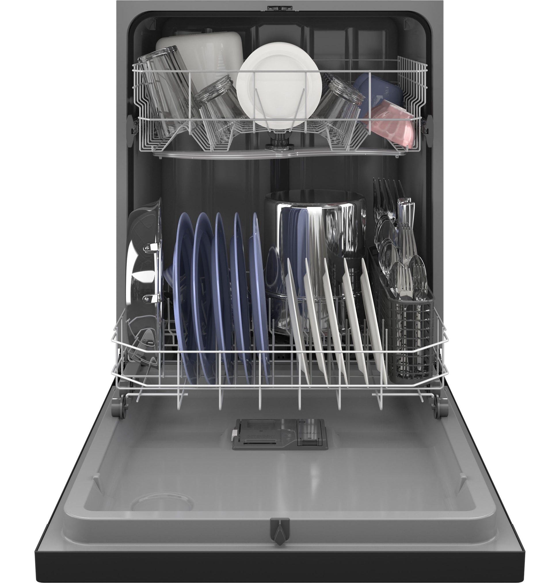 Open dishwasher loaded with plates, glasses, utensils, and cookware in kitchen and appliances collection