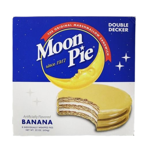 Blue and white box of double decker banana-flavored marshmallow sandwich cookies with crescent moon logo