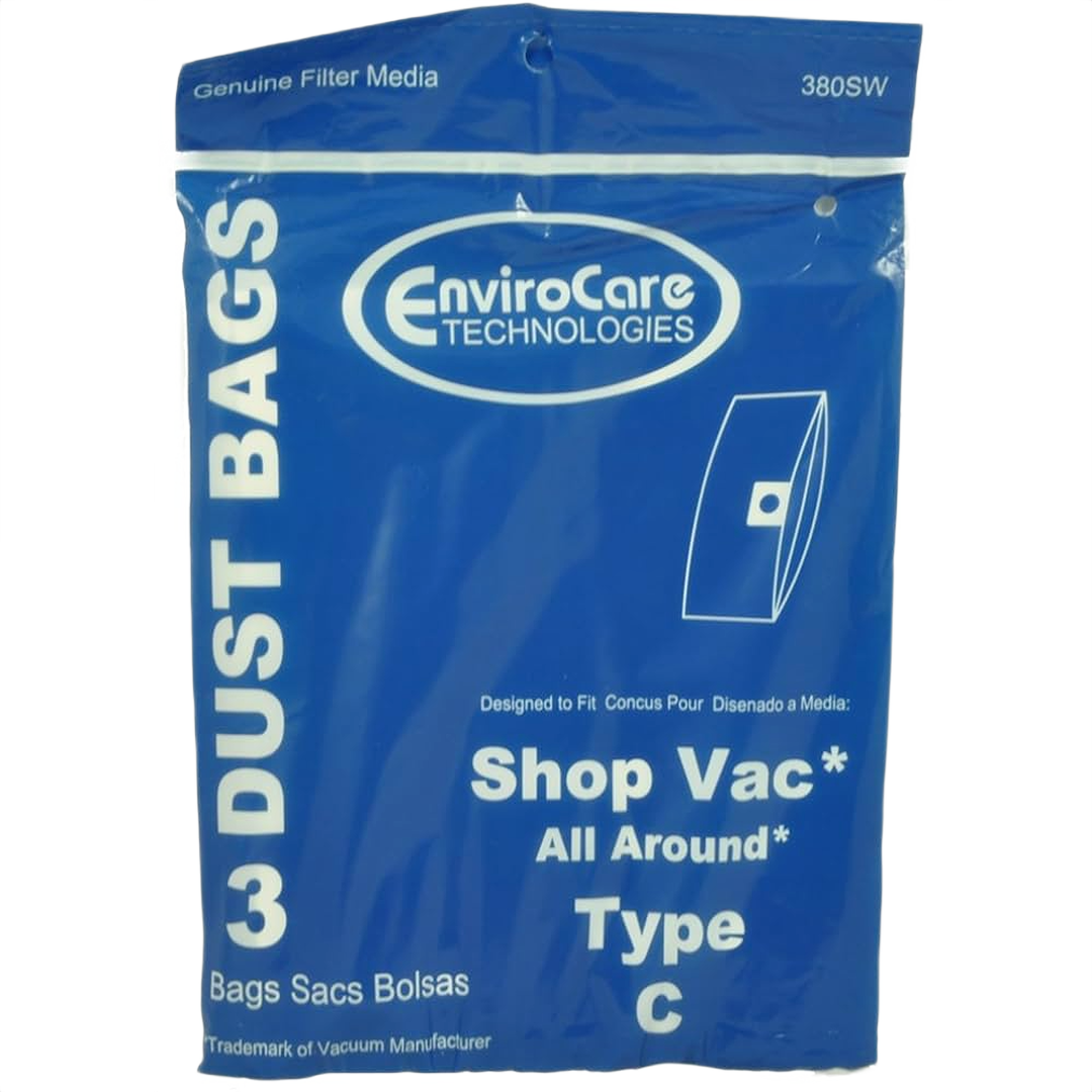 Blue package of three replacement dust bags compatible with shop vacuums for dust management and wet/dry vacuum accessories