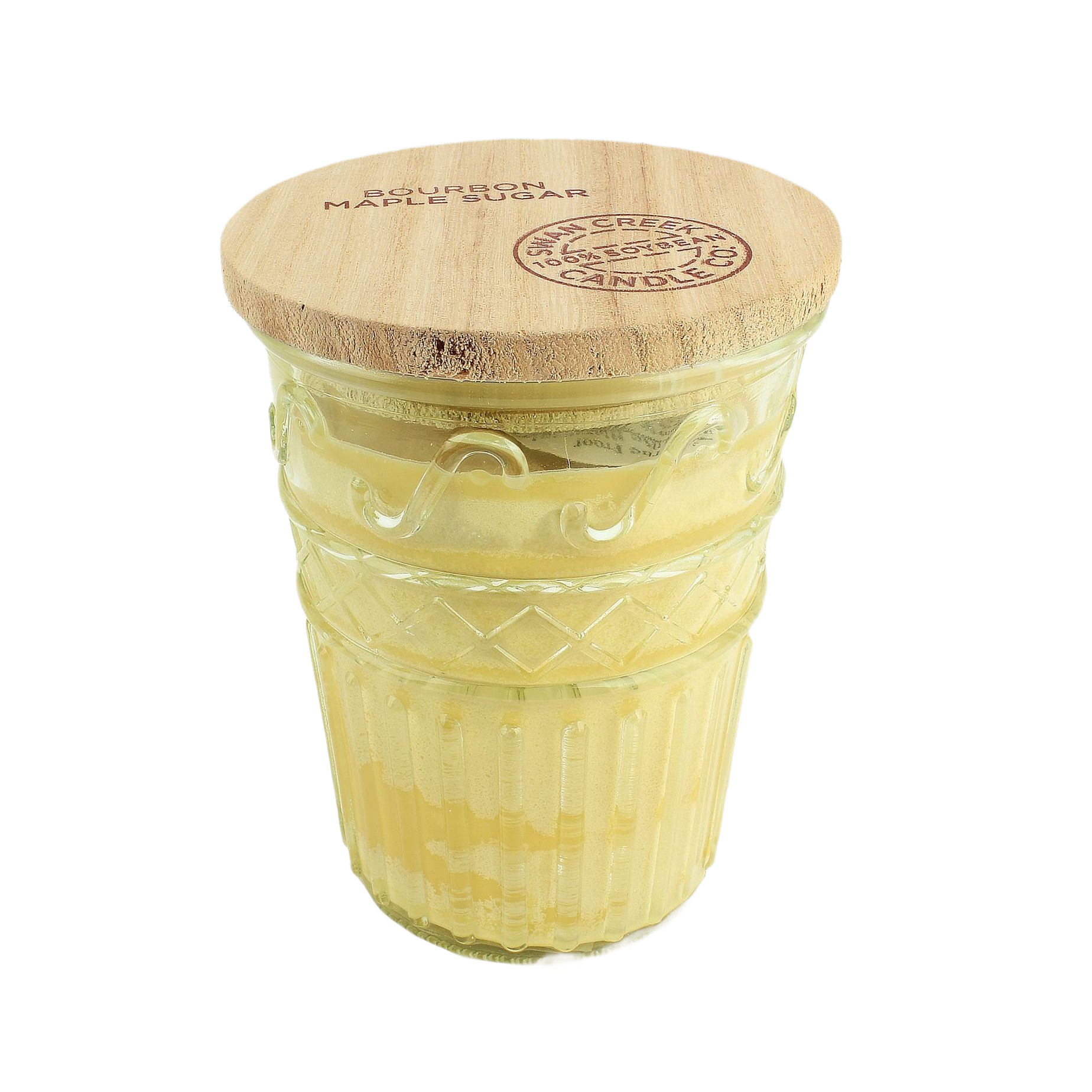 Yellow layered candle in textured glass jar with round wooden lid engraved with brand details