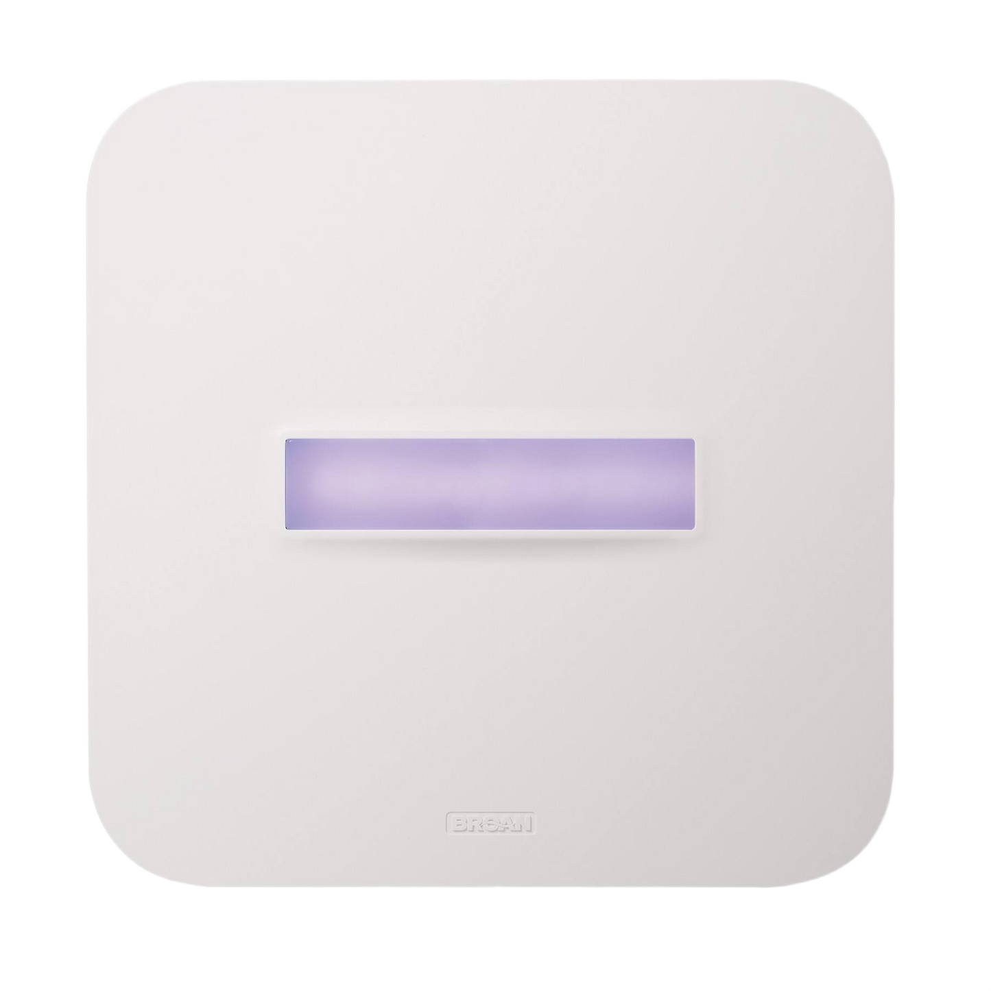 Square white exhaust fan with antimicrobial surface and soft purple indicator light for home improvement tasks