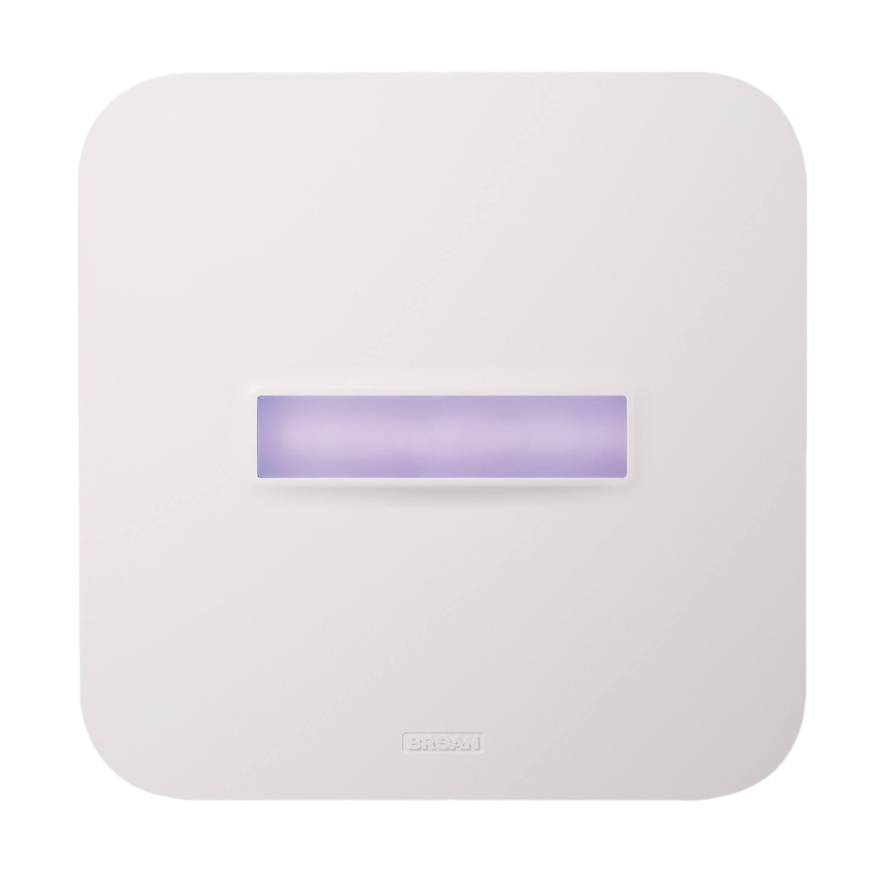 Square white exhaust fan with antimicrobial surface and soft purple indicator light for home improvement tasks