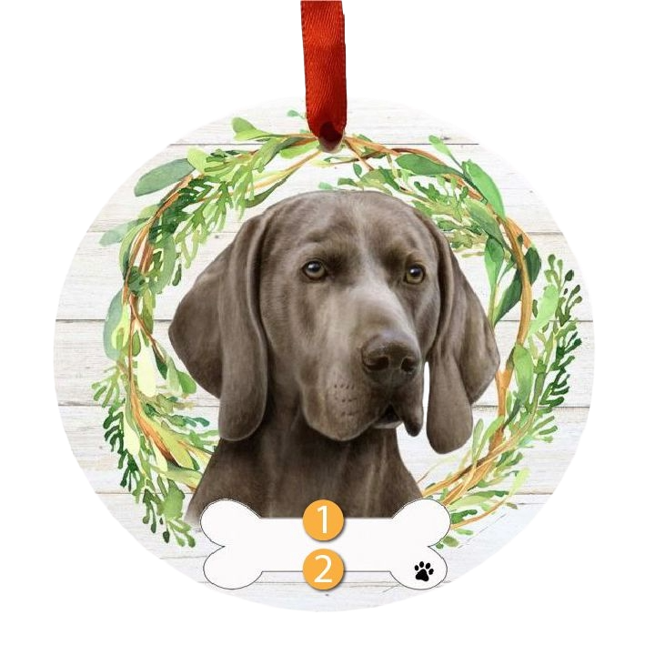 Round Christmas ornament with a realistic Weimaraner dog face surrounded by a green wreath and red ribbon hanger