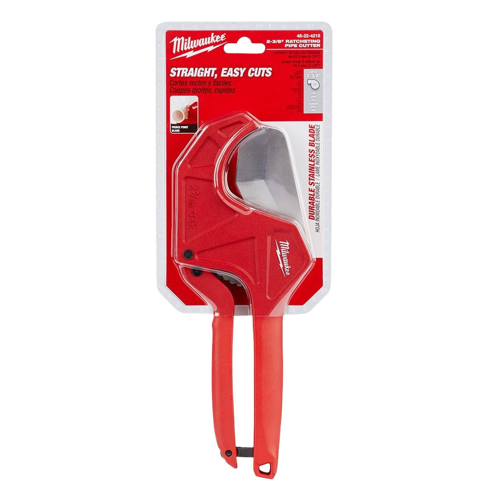 Red ratcheting pipe cutter with durable stainless steel blade for plumbing tools in home improvement collections