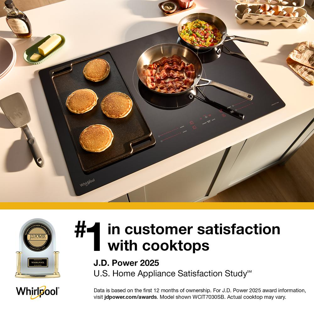 Black induction cooktop with griddle cooking four pancakes, frying pan with bacon, and saucepan with mixed vegetables