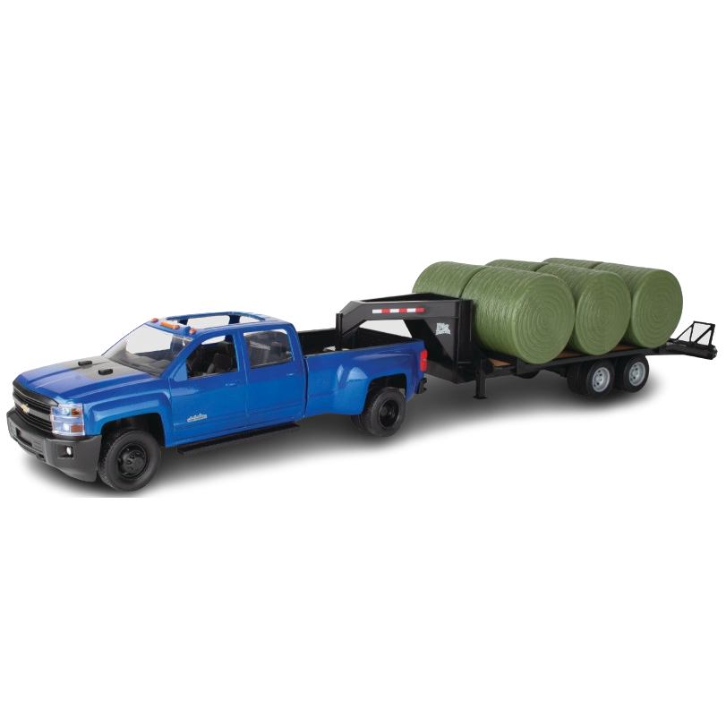 Blue farm toy pickup truck towing black trailer loaded with green hay bales in Vehicles & Remote Controlled Toys collection