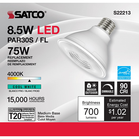 Energy-efficient LED floodlight bulb with medium base, cool white light, dimmable, suitable for indoor and outdoor use