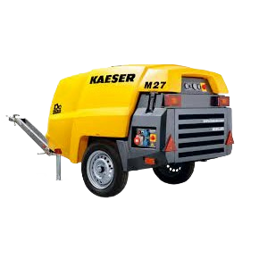 Yellow and gray portable screw air compressor with wheels and tow hitch, suitable for power tools, air compressors, and rental equipment at Hartville Hardware.
