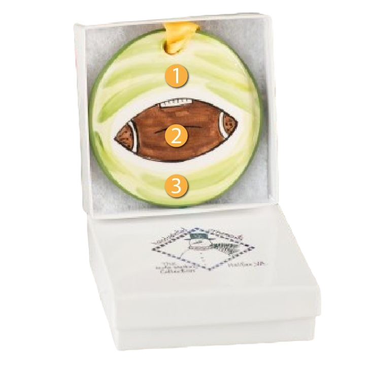 Hand-painted ceramic round ornament with football design in gift box for Christmas Ornaments & Tree Decorations collection
