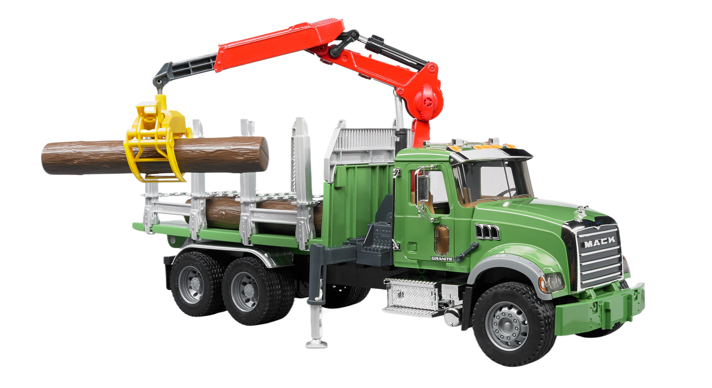 Green Bruder MACK Granite timber truck toy with red crane lifting logs in Bruder Toys and Vehicles collection