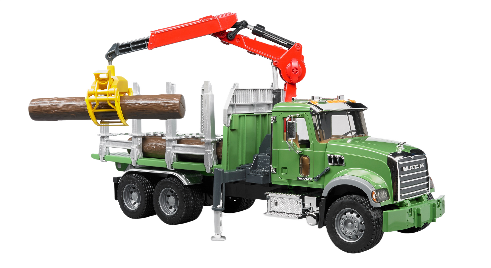 Green Bruder MACK Granite timber truck toy with red crane lifting logs in Bruder Toys and Vehicles collection