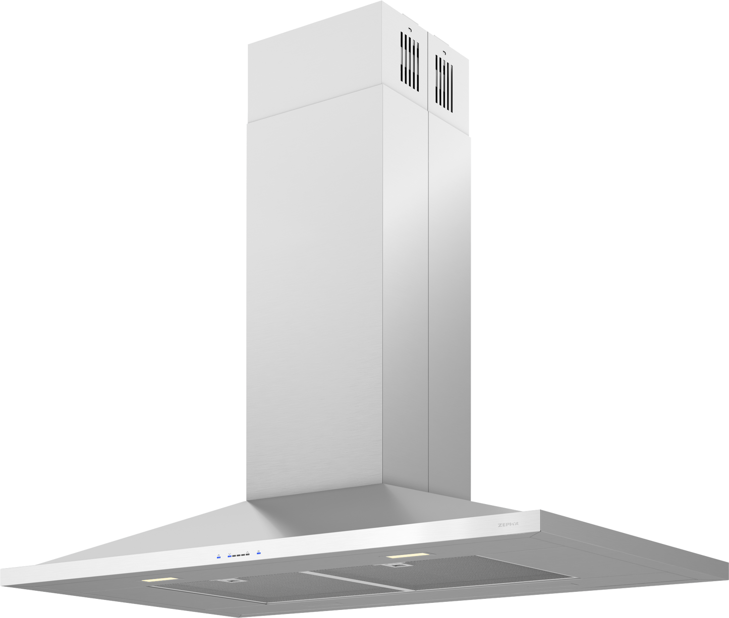 Minimalist brushed stainless steel island range hood with LED lighting and touch controls from kitchen appliances collection