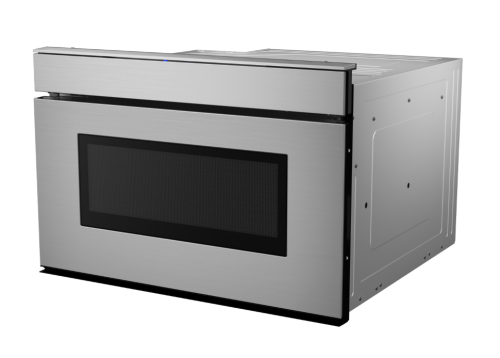 Brushed stainless steel microwave drawer with black door and window in microwaves and kitchen appliances collection