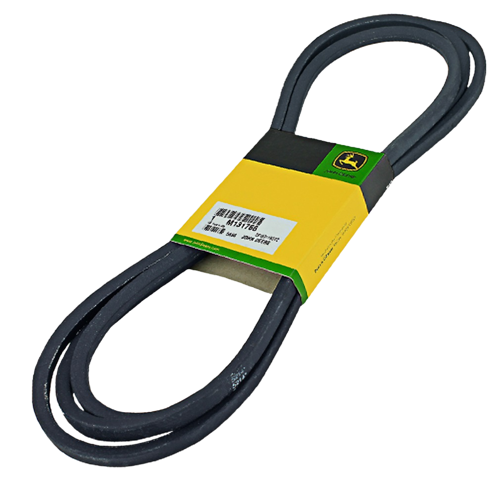 Black rubber drive belt with green and yellow John Deere branded packaging for equipment maintenance and tools.