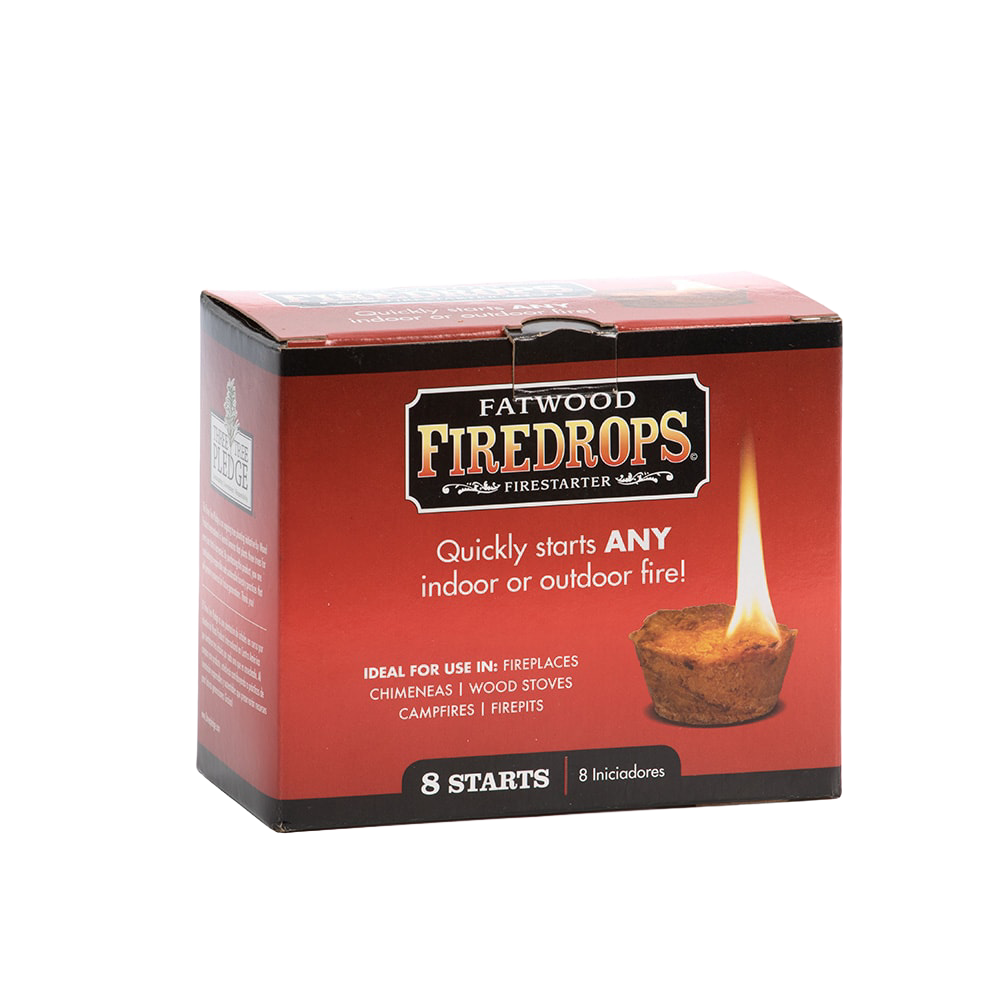 Red and black box of Fatwood Firedrops fire starters with a lit fire drop on the front for easy fire lighting