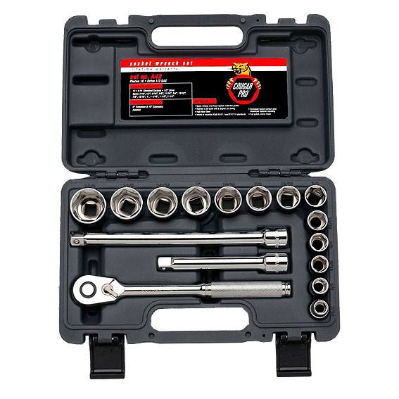 16-piece 1/2 inch drive socket set with ratchet and extensions in compact black carry case for hand tools use