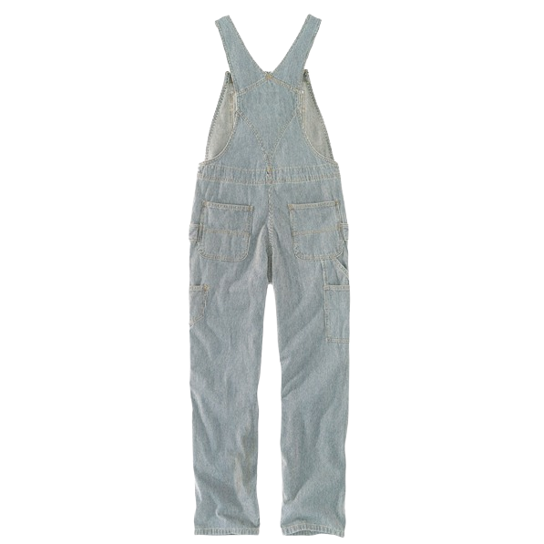 Light blue relaxed fit denim bib overall for women made from durable 10-ounce cotton twill with flexible stretch