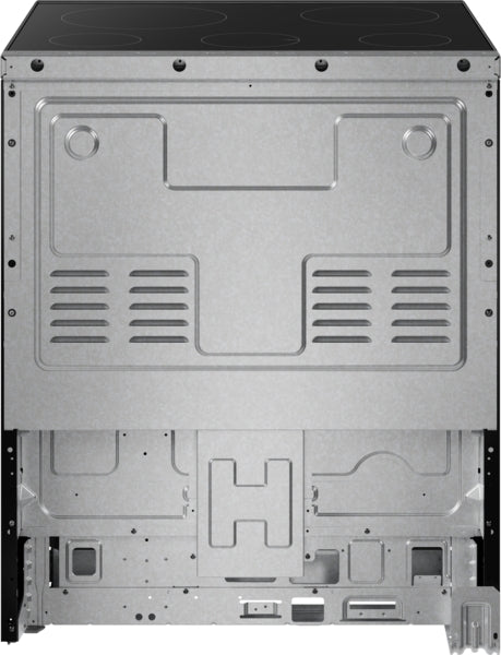 Rear view of stainless steel electric freestanding range with metal vent and support structure in appliance setting