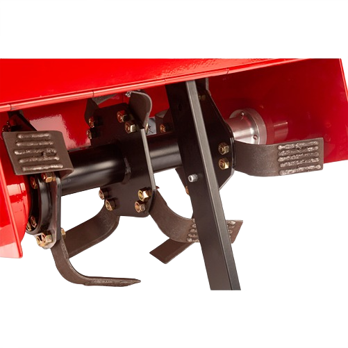 Close-up of rugged steel tines and sturdy mounting bracket of a Barreto tiller attachment, designed for heavy soil cultivation in rental equipment at Hartville Hardware.