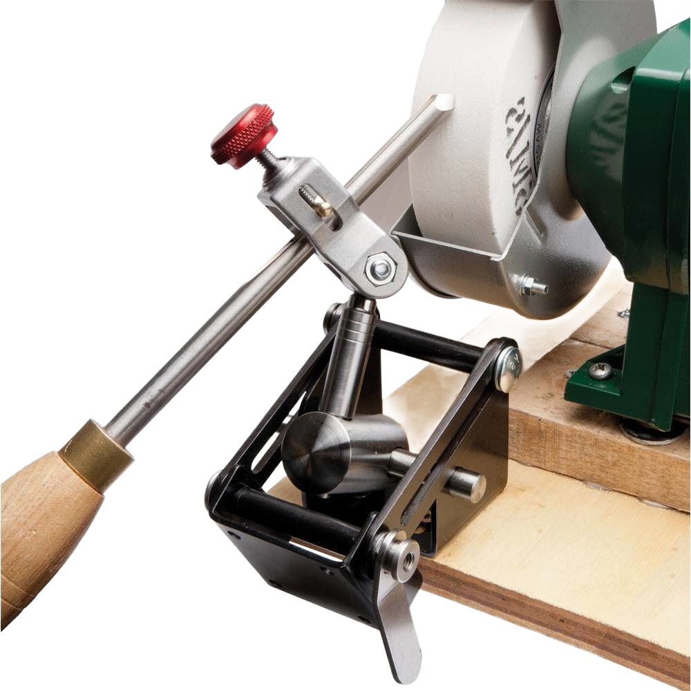 Close-up of sharpening system arm with adjustment knob and grinding wheel mounted on wooden base for tools tasks