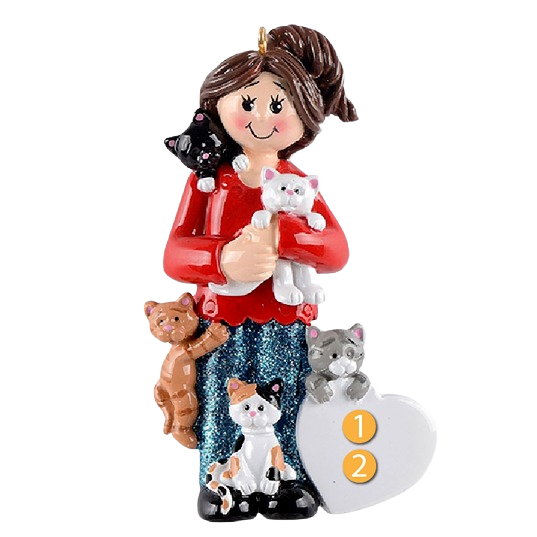 Cheerful woman figurine with five playful cats and glittery pants for Christmas Ornaments & Tree Decorations under $50