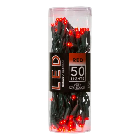 Red LED light strand with 50 bulbs in clear container for Christmas indoor and outdoor decoration under $50