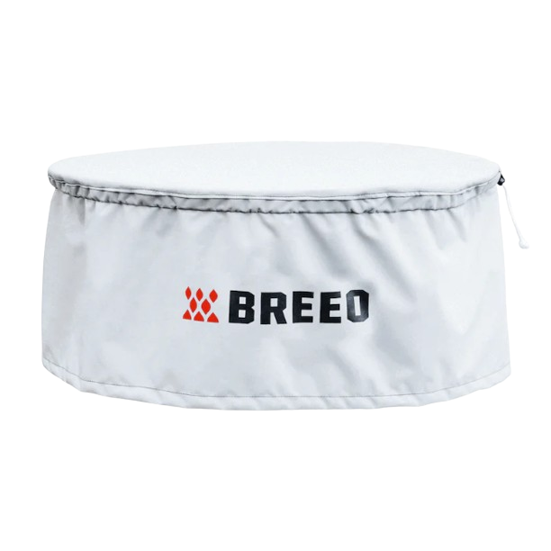 Round protective cover in light gray with logo, designed to shield fire pits from weather and debris in home improvement projects