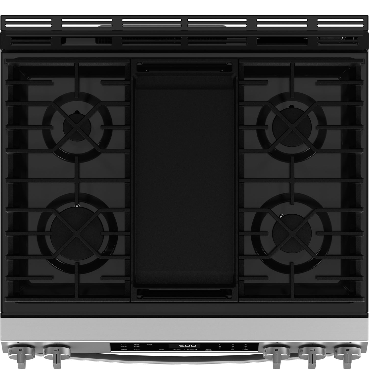 Top view of a stainless steel slide-in gas range with four burners and center griddle from Ranges and Gas Ranges collections