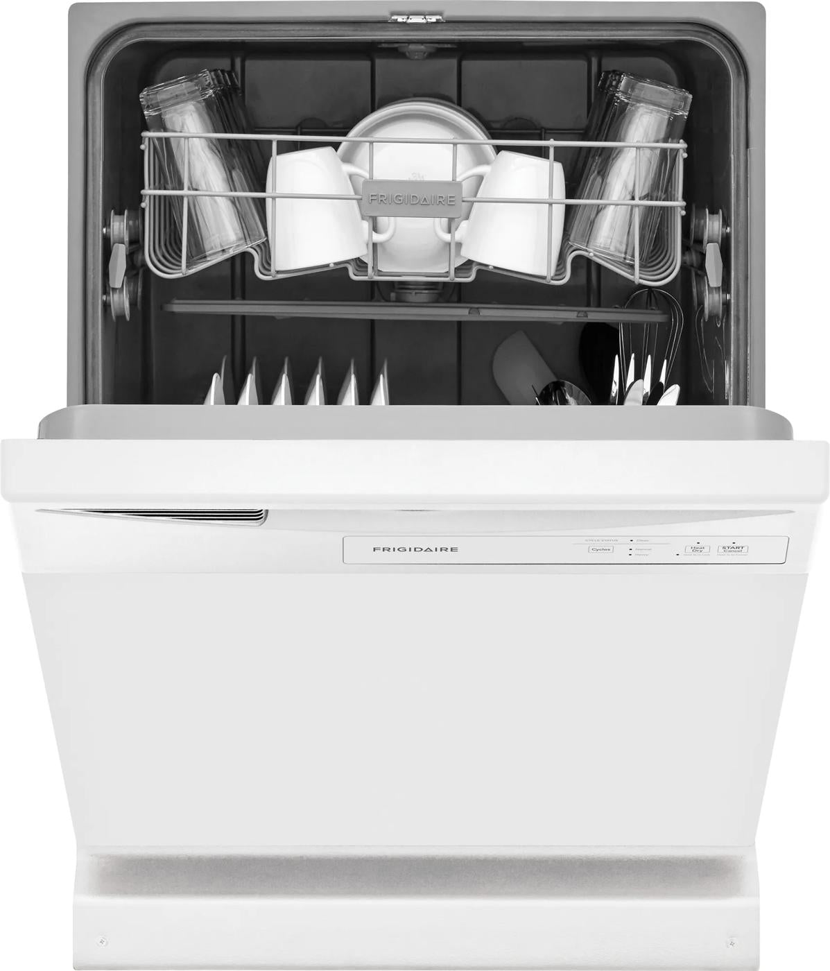 White built-in dishwasher with open door, loaded with dishes and glasses for kitchen and home improvement use