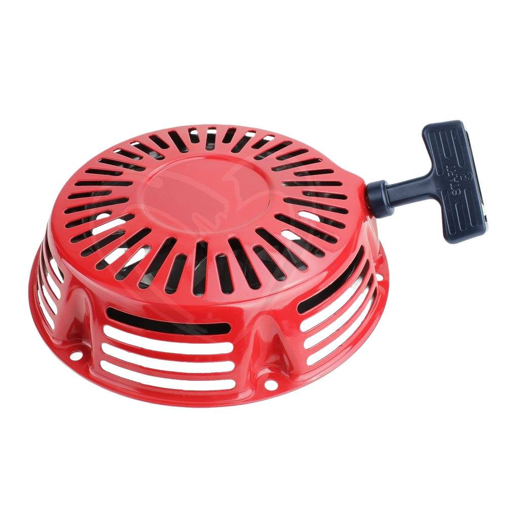 Red recoil starter assembly with black pull handle, part of Honda replacement parts in home improvement collections