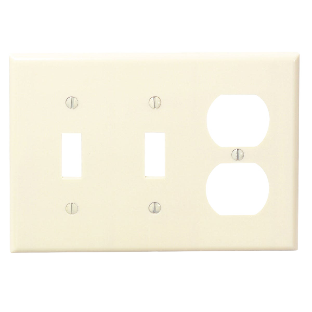 Ivory plastic 3-gang wall plate with combination switch and outlet openings for electrical home improvement projects