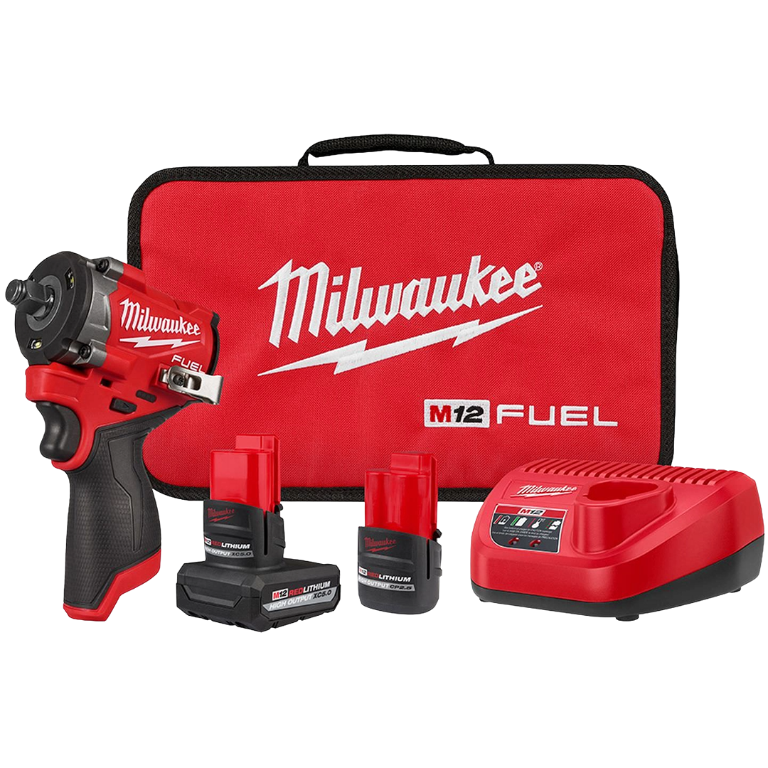 Compact red and black cordless impact wrench kit with two batteries, charger, and branded carrying case for home improvement tasks