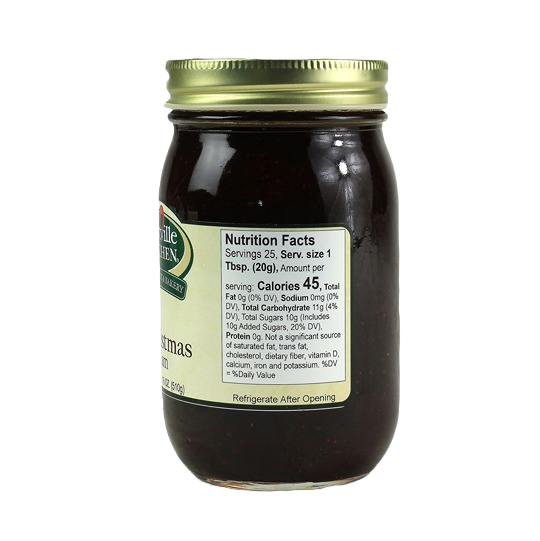 Back view of Hartville Kitchen Christmas Jam jar with nutrition facts label from jams and jellies collection