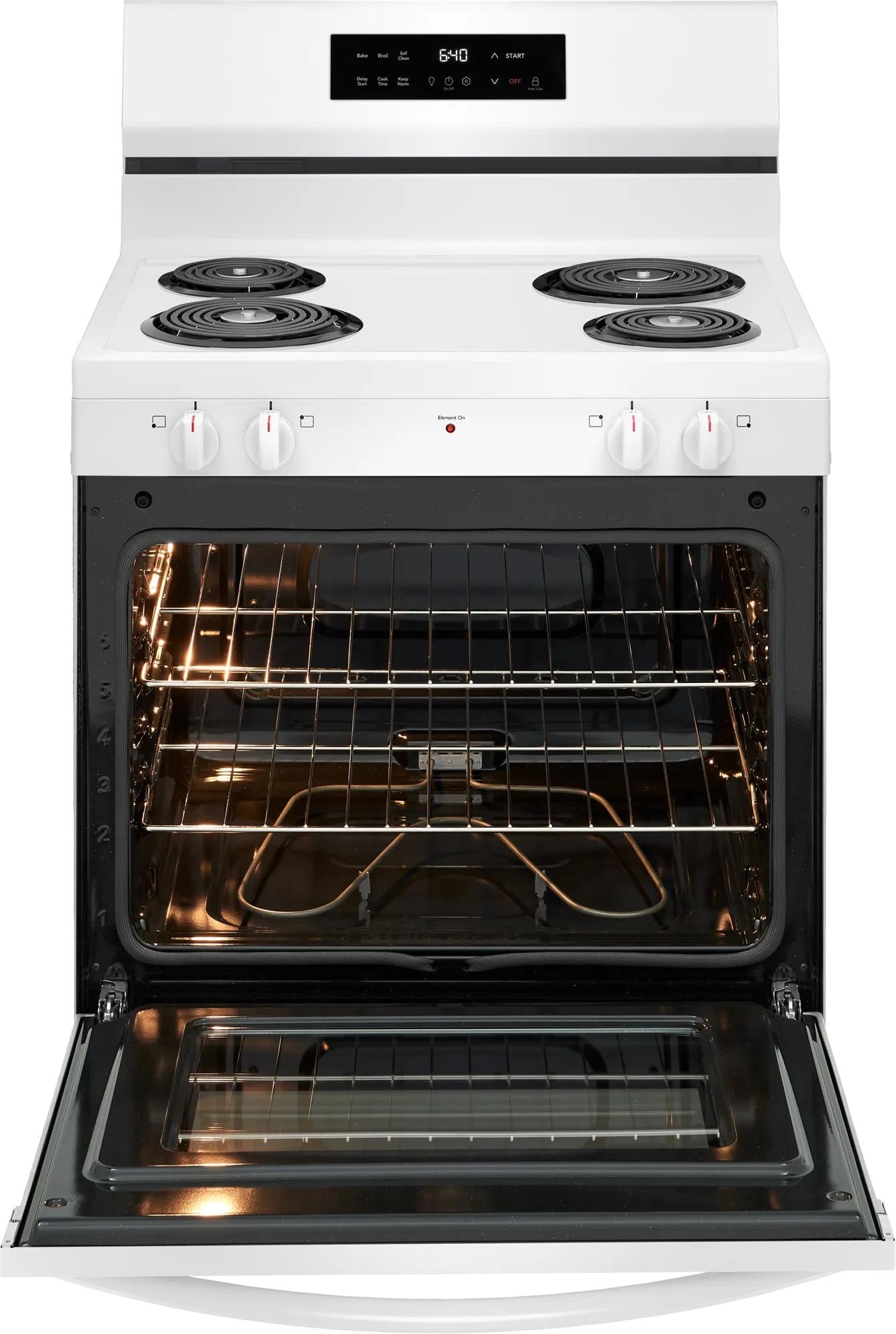 Freestanding white electric range with four coil burners and large open oven door in kitchen appliances collection