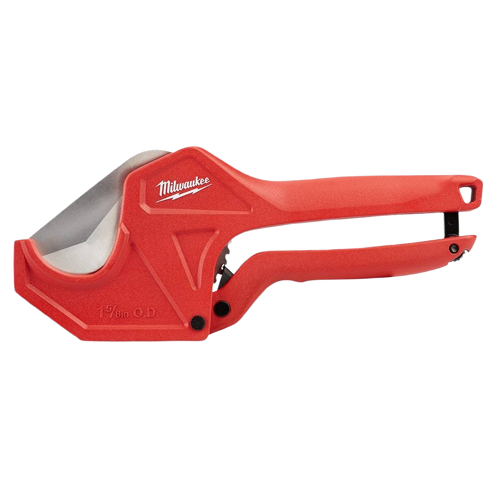 Red ratcheting pipe cutter with ergonomic handles and sharp blade for plumbing tools and home improvement projects