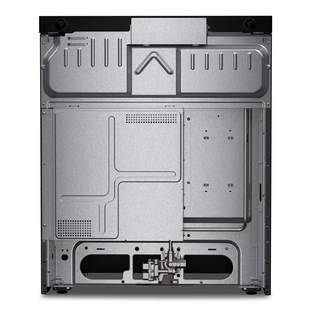 Back view of a stainless steel gas range showing internal burner assembly and metal paneling in kitchen appliance setting